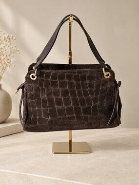 Dark Chocolate Suede Bag, Italian Leather Shoulder Purse, Embossed Suede Handbag